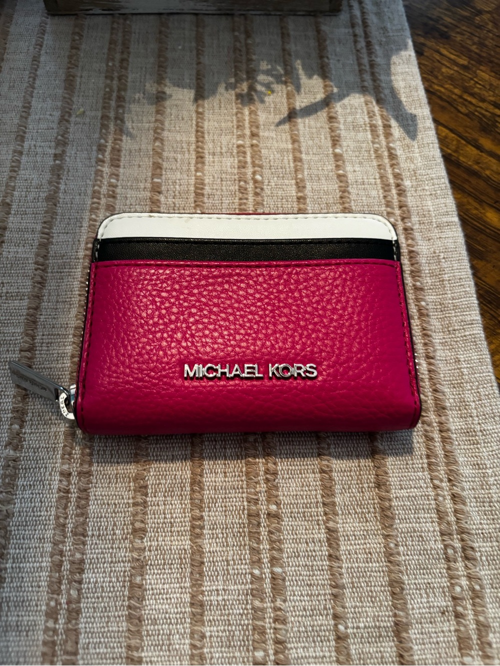 Michael Kors Fuchsia Leather Zip Card Holder with White & Black Trim